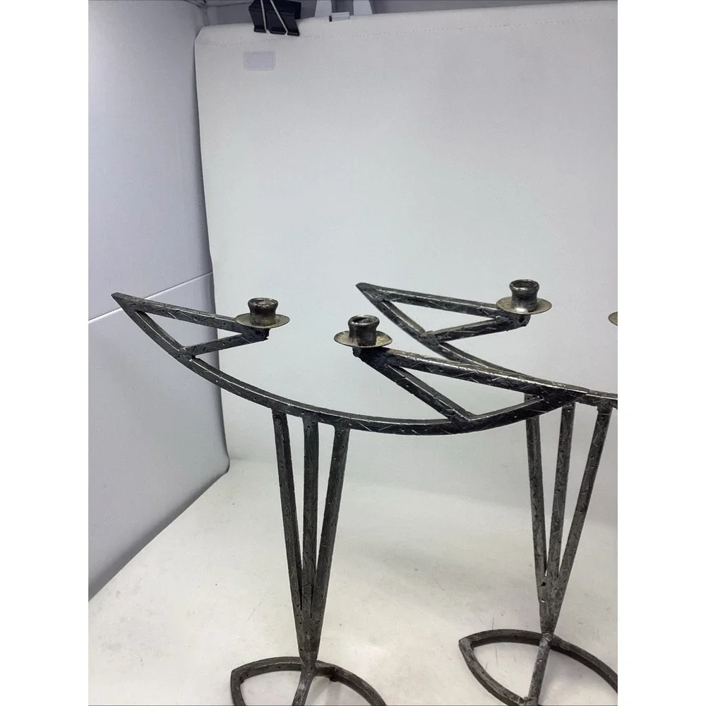 Pair MCM Brutalist Wrought Iron Candlesticks Hand Forged Double Sm Taper 14x14